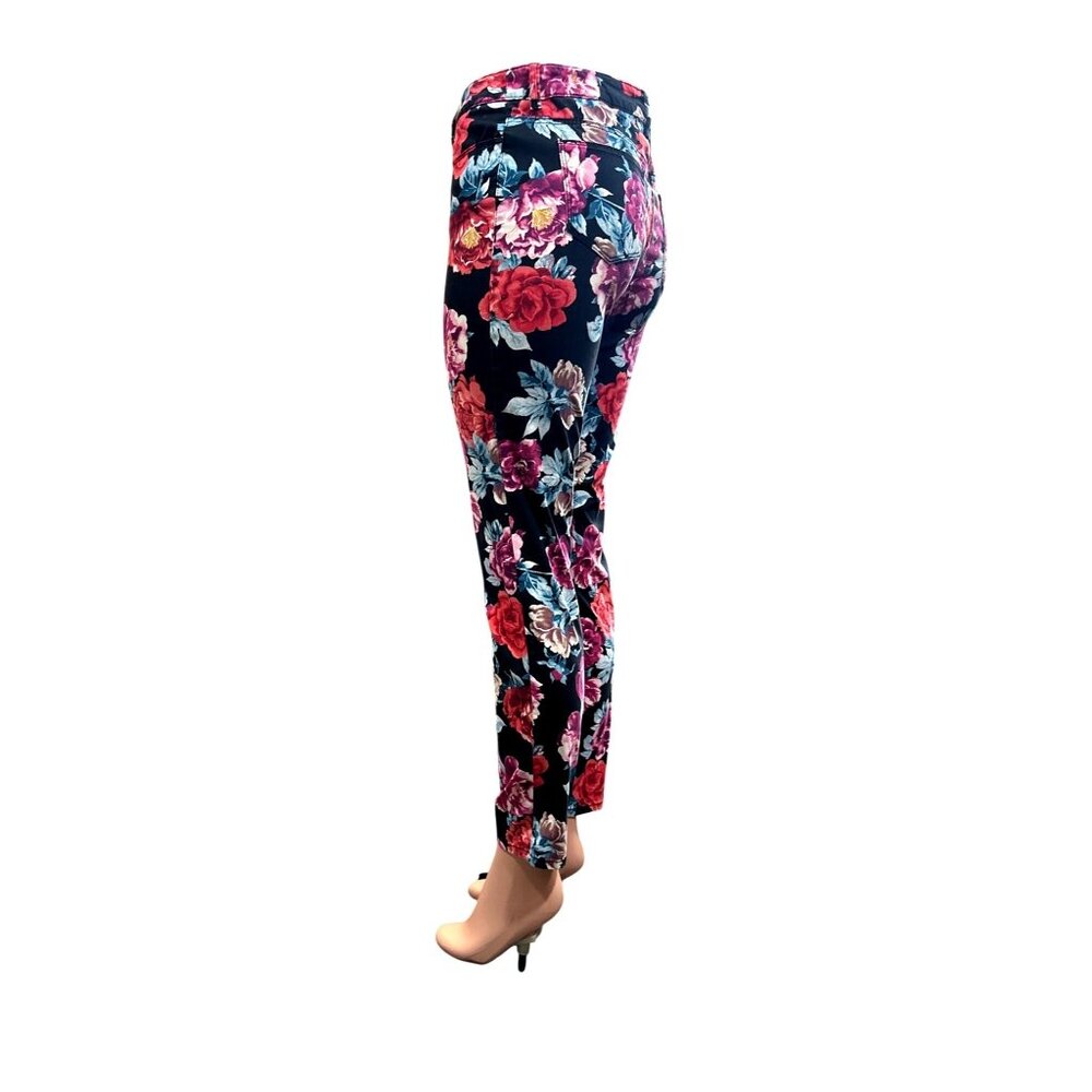 Chicos Floral Skinny Jeggings Pants Ankle Black Red Vibrant Roses Stretch Size 4 - Picture 2 of 13